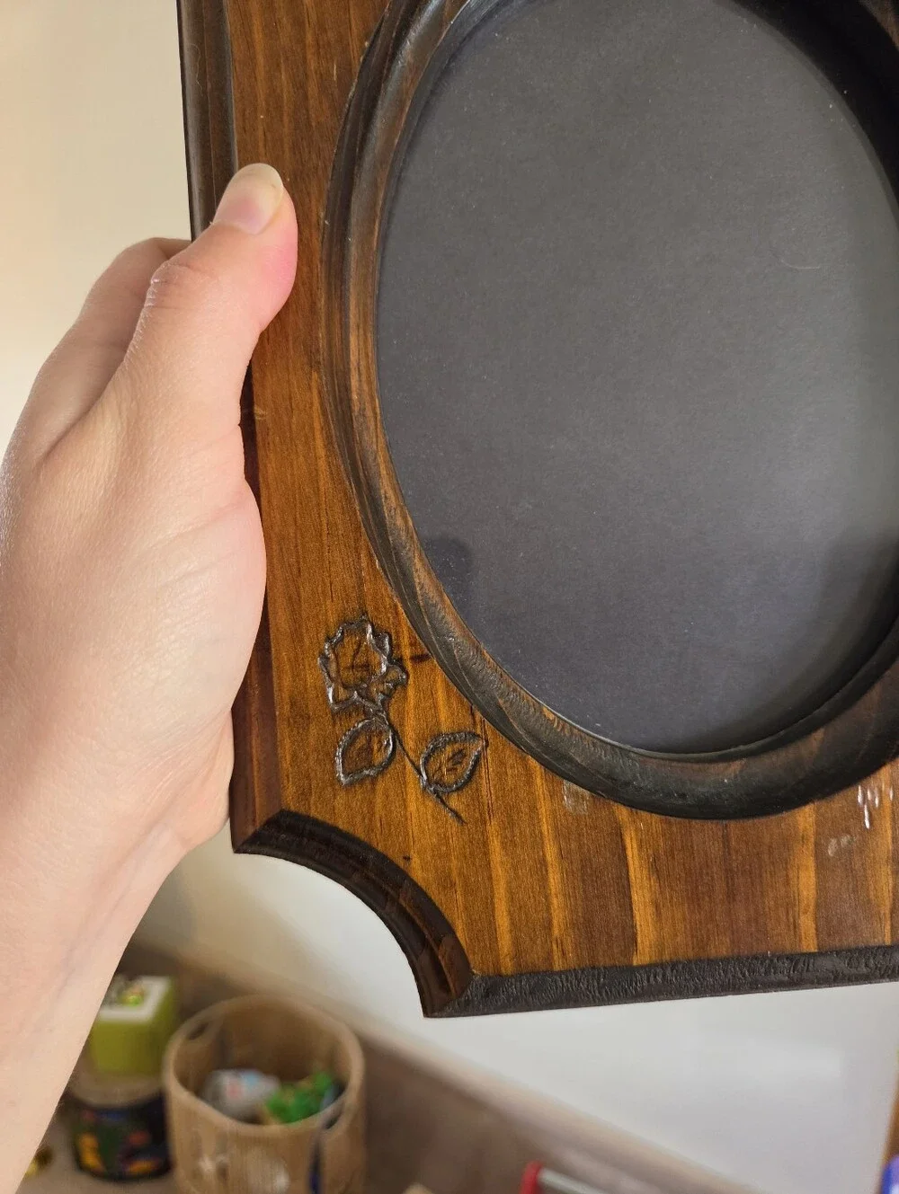 Vintage Wood Picture Frame Oval Insert Rustic Farmhouse Floral Etched Wood Frame